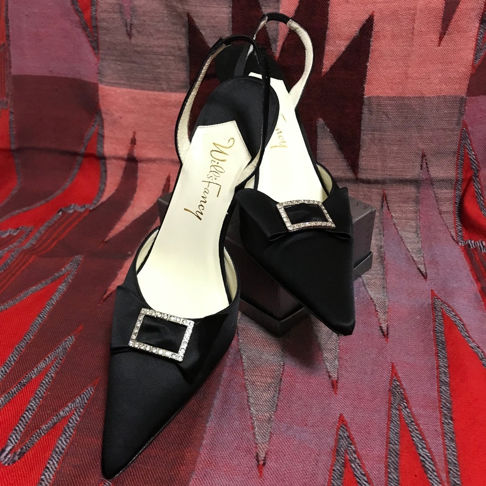 Wills Fancy Black Satin Slingbacks Heels Size 9B